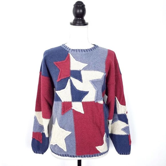 Vintage 90s Americana Patriotic Stars TimberLea Pullover Sweater Size Large - Picture 1 of 4
